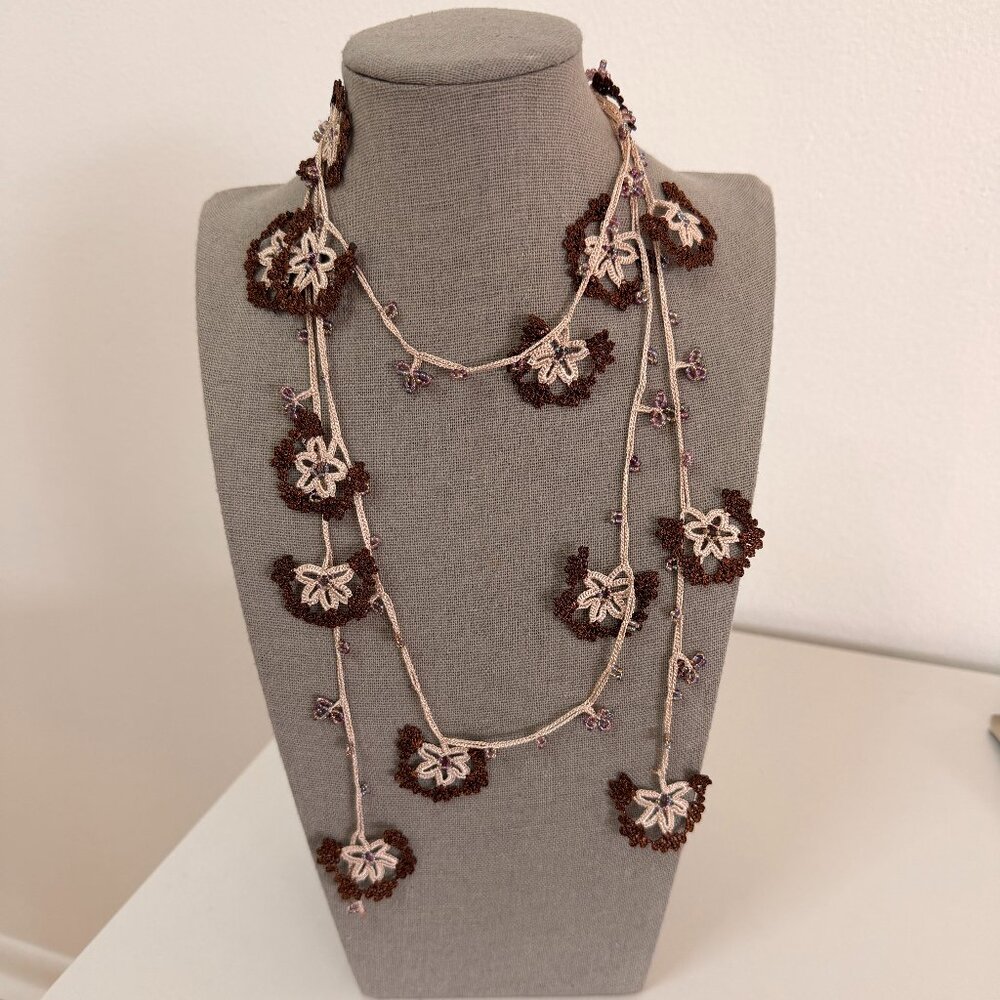 Traditional Turkish Oya Necklace Brown and Beige Floral Design with Beads